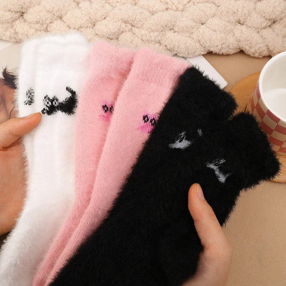 3Pairs Mink Velvet Socks Winter Cute Cat Thickened in Tube Socks Simple Cozy Hairy Sleep Sock Fashion Sleep Floor Sock for Women