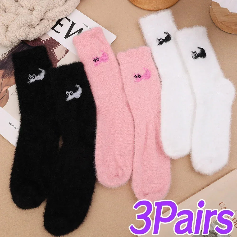 3Pairs Mink Velvet Socks Winter Cute Cat Thickened in Tube Socks Simple Cozy Hairy Sleep Sock Fashion Sleep Floor Sock for Women