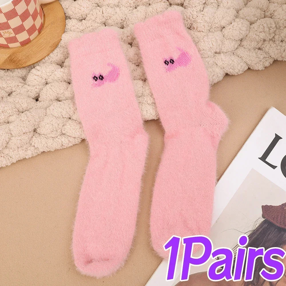 3Pairs Mink Velvet Socks Winter Cute Cat Thickened in Tube Socks Simple Cozy Hairy Sleep Sock Fashion Sleep Floor Sock for Women