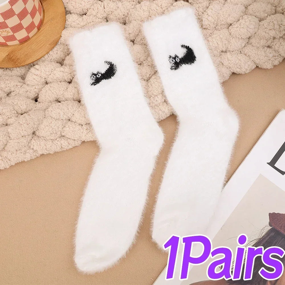 3Pairs Mink Velvet Socks Winter Cute Cat Thickened in Tube Socks Simple Cozy Hairy Sleep Sock Fashion Sleep Floor Sock for Women