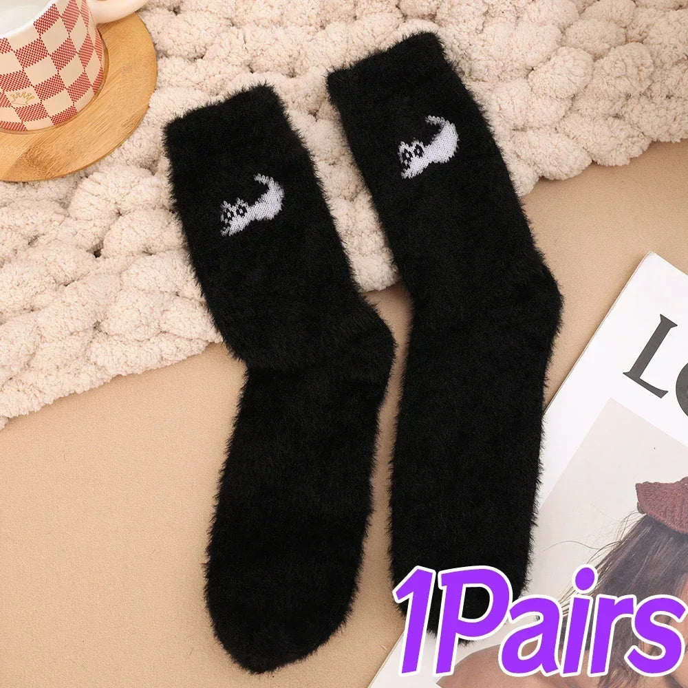 3Pairs Mink Velvet Socks Winter Cute Cat Thickened in Tube Socks Simple Cozy Hairy Sleep Sock Fashion Sleep Floor Sock for Women