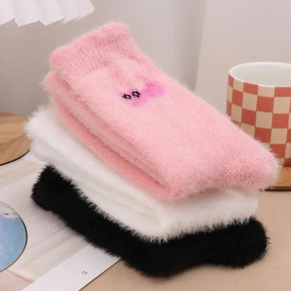 3Pairs Mink Velvet Socks Winter Cute Cat Thickened in Tube Socks Simple Cozy Hairy Sleep Sock Fashion Sleep Floor Sock for Women