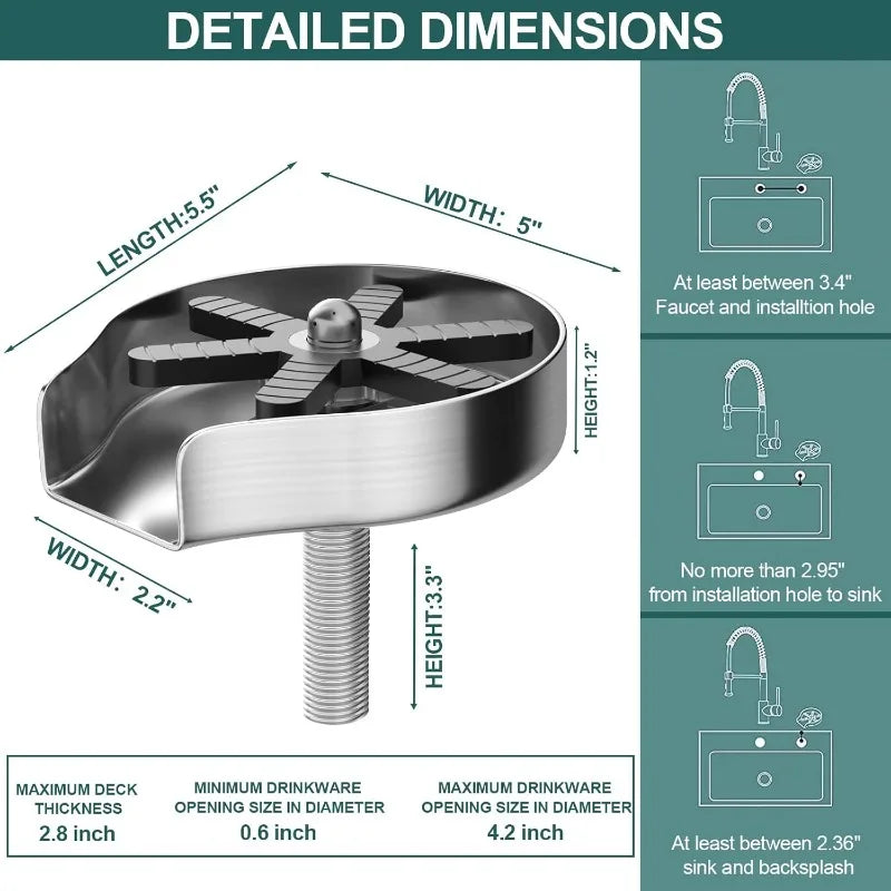 Cup Washer For Sink, FONTOP Glass Rinser with 360° Rotating Jet, Stainless Steel Bottle Washer Cup Cleaner Sink