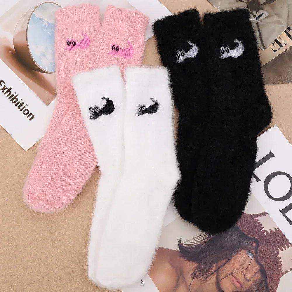 3Pairs Mink Velvet Socks Winter Cute Cat Thickened in Tube Socks Simple Cozy Hairy Sleep Sock Fashion Sleep Floor Sock for Women