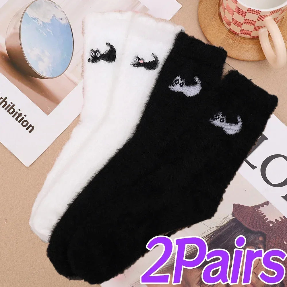 3Pairs Mink Velvet Socks Winter Cute Cat Thickened in Tube Socks Simple Cozy Hairy Sleep Sock Fashion Sleep Floor Sock for Women