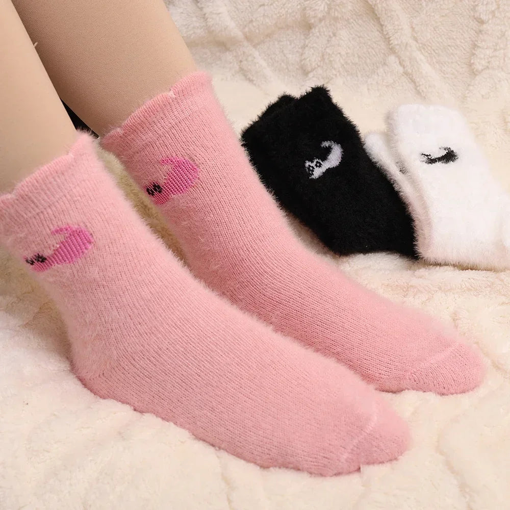 3Pairs Mink Velvet Socks Winter Cute Cat Thickened in Tube Socks Simple Cozy Hairy Sleep Sock Fashion Sleep Floor Sock for Women