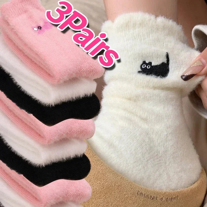 3Pairs Mink Velvet Socks Winter Cute Cat Thickened in Tube Socks Simple Cozy Hairy Sleep Sock Fashion Sleep Floor Sock for Women