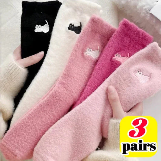 3Pairs Mink Velvet Socks Winter Cute Cat Thickened in Tube Socks Simple Cozy Hairy Sleep Sock Fashion Sleep Floor Sock for Women